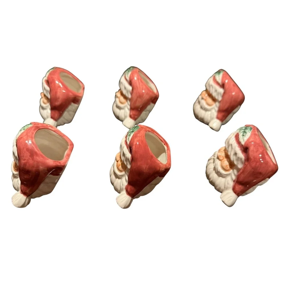 Vintage Ceramic Santa Head Napkin Rings Set of 6 Christmas Holiday Table